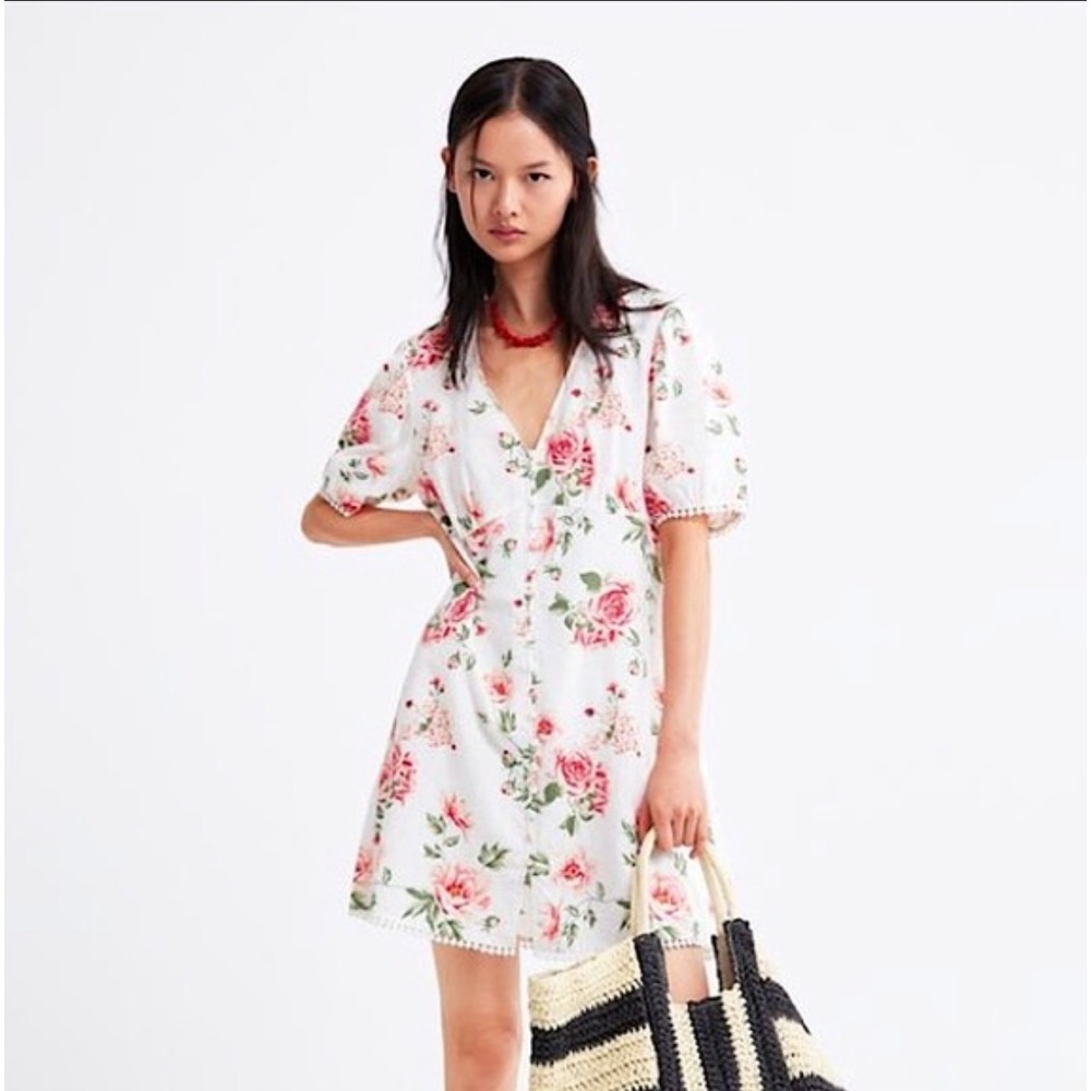 Zara The Short Romance Linen‎ Floral Button Front Mini Dress in White Red Size S